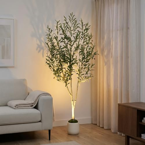 Olivo artificiale da 180 cm, con vaso bianco, muschio e LED USB, 943 foglie, 52 ulivi, pianta finta realistica in vaso per casa, soggiorno, ufficio e camera da letto