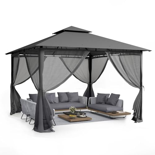 UDPATIO Tonnelle de Jardin Extérieur 3.4x3.4m - Double Toiture Résistante aux Intempéries avec Moustiquaire, Structure Métallique Stable pour Terrasse/Jardin, Gris