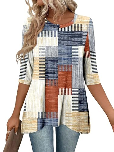 KISSMODA Womens Tunic Tops 3/4 Long Sleeve Loose Fit Casual Blouses Ladies Dressy Longline Round Neck Shirts for Leggings