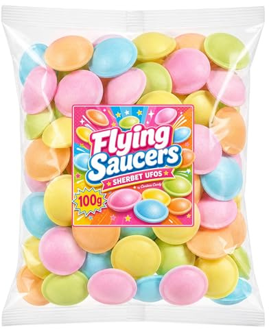 Flying Saucers Sherbet UFOs – 100g Bag – Multi-Coloured Retro Sweets with Tangy Sherbet Centre – Classic Sweet Shop Flying Saucer Candy in Clear Pillow Pack