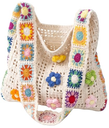 Ameble Leichte Häkel-Umhängetasche mit handgefertigten Blumenakzenten und verstellbarem Riemen, Boho-Strick-Geldbörse für den täglichen Gebrauch, Strand, Sommer, Urlaub