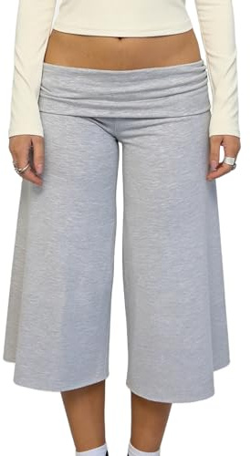 Svuitmsl Pantalon court évasé pour femme - Coupe ample - Taille basse - Extensible - Style palazzo - Pantalon capri, G-gris clair, M