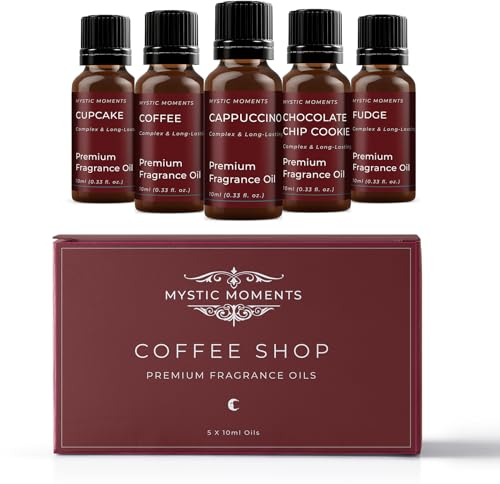 Mystic Moments | Coffee Shop Fragrance Oil Gift Starter Pack 5x10ml | Cappuccino, Chocolate chip Cookie, Coffee, Cupcake, Fudge | Perfect as a Gift