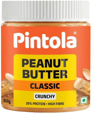 Pintola Classic Peanut Butter Crunchy 350g - Original American Recipe with High Protein 26g & 7.2g Fiber, Premium Roasted Nuts, Gluten Free, Zero Trans Fat, with MUFA Good Fats, Vit E & B3, Dairy Free