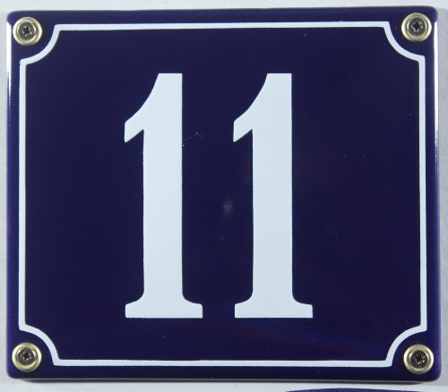 Emaille Hausnummernschild - Wählen Sie Ihre Nummer - Zahlen 1 bis 30 verfügbar - blau/weiß 12x12 cm und 12x14cm - sofort lieferbar! Hausnummer Schild wetterfest und lichtecht (11 blau/weiß 12x14cm)