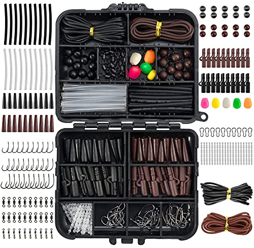 Dr.Fish 278pcs Carp Rig Accessory Kit Full Loaded in Mini Box(12x10x3.5cm) | Portable Terminal Tackle Set with Hooks, Safety Clips, Swivels, Beads, Boilie Stops, Tube for DIY Carp Rigs