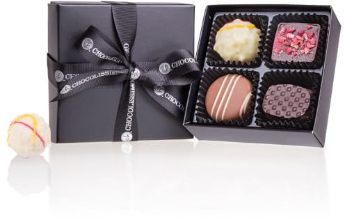 CHOCOLISSIMO - Chocolats à Offrir - Chocolat Belge - 4 Pralines Fins dans Boîte Noire, avec Alcool - Idée Cadeau Anniversaire, Saint Valentin pour Femme, Homme, Papa, Maman