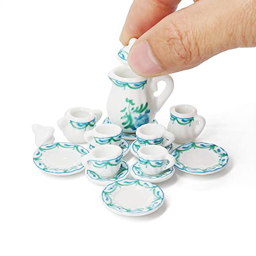 Odoria Juego de té en miniatura para casa de muñecas a escala 1/12, 15 piezas, accesorios para casa de muñecas, verde
