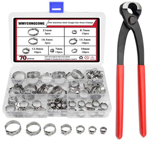 WMYCONGCONG 70 Pcs 304 Stainless Steel Single Ear Hose Clamps with Ear Clamp Pincer Kit, 7-21mm