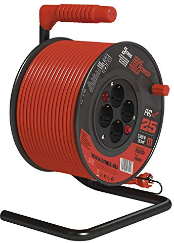 EMOS - Kabeltrommel 25m mit Schalter - 4 Schuko-Steckdosen - 230 V, 16 A, 3680 W - hochwertige PVC-Isolierung - H05VV-F3G 1,5 mm2 - Überhitzungsschutz - IP20 für Innen
