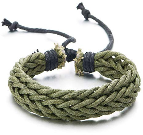 COOLSTEELANDBEYOND Uomo Donna Verde Intrecciato Cotone Corda Braccialetto, Cuoio Fascia di Polso, Bracciali Avvolgere, Regolabile, Nuovo