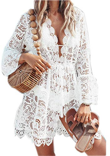 Loalirando Robe de Plage Femme en Dentelle Sexy Transparente à Manches Longues Cache Maillot de Bain Col V Blanche, XL