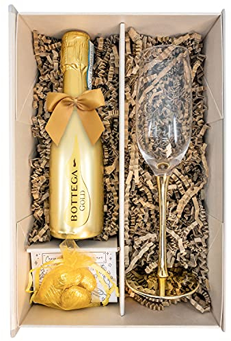 Gold Bottega Prosecco DOC 20cl Gift Set Hamper With Matching Sparkling Glass Flute, Chocolates And Gift Box - Prosecco Gifts for Women and Sparkling Wine Lovers (Metallic Stem)