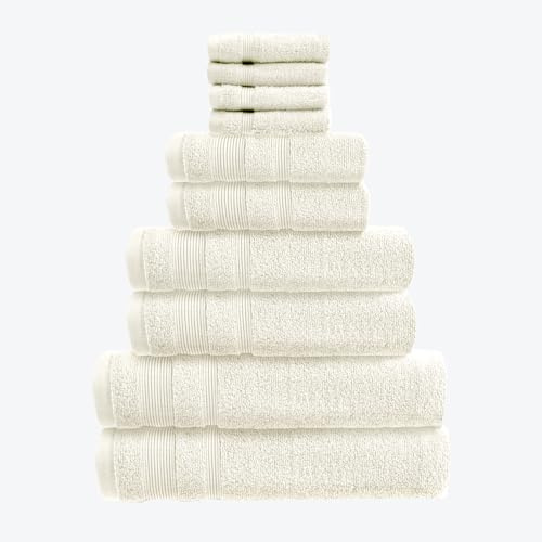 Allure Zero Twist 10 Piece Towel Set - 4 Face Cloths, 2 Hand Towels, 2 Bath Towels, 2 Bath Sheets, 100% Egyptian Cotton (Cream)