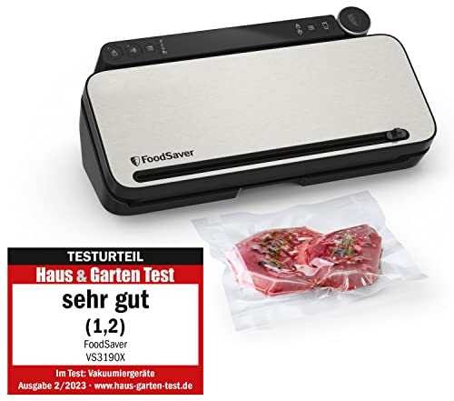 FoodSaver Mehrzweck-Vakuumiersystem für Lebensmittel | mit Handheld-Vakuumiergerät, 1 Vakuumrolle, 4 Vakuumbeuteln & 4 Zip-Beuteln | Silber mit schwarzen Akzenten [VS3190X]