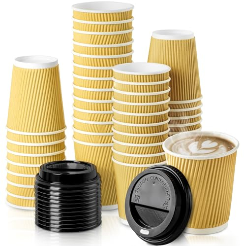 Fit Meal Prep 50 Pack 8 oz Insulated Ripple Triple Wall Paper Coffee Cups with Black Lids, Premium Disposable, Brown To Go Anti Slip for Hot Beverage, Christmas, Travel, Office