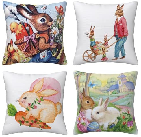 AMZQJD 4 Stück Kissenbezug Ostern Hasenselementstile Dekorative Kissenhülle Baumwolle Leinen Sie Kissenbezüge (50 x 50 cm, Lila Hase)
