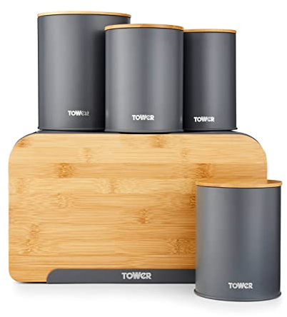 Tower T826140GRY Scandi 5 Piece Bamboo Storage Set with Bread Bin, Biscuit Barrel, Canisters, Grey