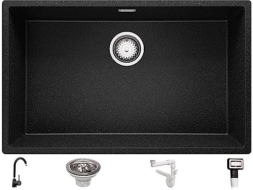 Fregadero bajo Encimera Grafito 76x47cm, Granito 1 Seno + Sifón + Grifo, Al mueble 80cm - London de Primagran