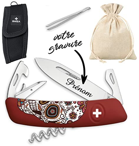 Véritable Couteau Suisse personnalisé - Gravé avec le prénom de votre choix - Couteau multifonctions fabriqué en Suisse - Cadeau Homme femme ou adolescent, Fête des pères, anniversaire Noël SkRed