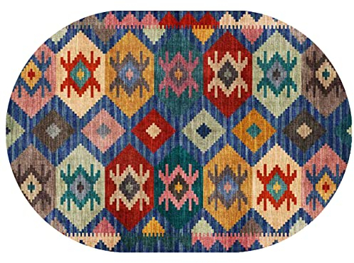 Rururug Teppich Oval Anti-Rutsch Home Office Esszimmer Wohnzimmer Schlafzimmer Küche Konferenzraum Kurzflor Teppiche, Gelb, rot, blau, grün, Retro nähend,Oval 200 x 300 cm