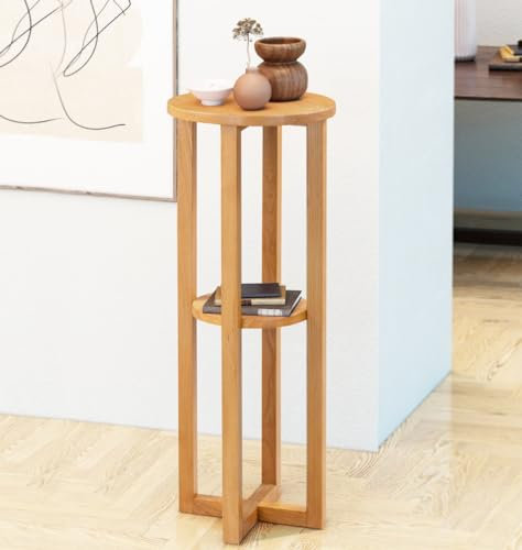 Hallowood Furniture Waverly Brown Oak Round Side Table, Wooden Tall Plant Stand, Slim Bedside & Accent Table for Living Room, Bedroom, and Small Spaces