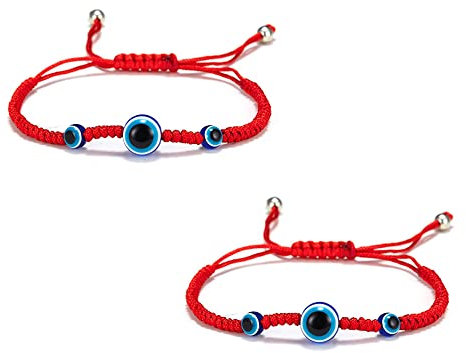 MEISO 2 Piezas Pulsera Roja Mal de Ojo, Pulsera Ojo Turco, Tres Ojos Pulsera de La Suerte Evil Eye Bracelet Ajustable Cuerda de Nailon para Mujeres Hombres Niñas y Niños