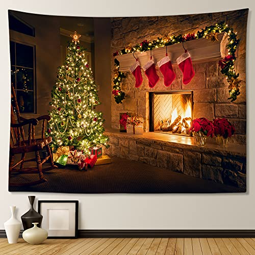 JOTOM Weihnachten Wandteppich Wall Hanging Neujahr Wandteppich Tapestry für Wohnzimmer Schlafzimmer Schlafsaal Dekorationen Veranda Hänge (Weihnachtsbaum Feuer Socken)