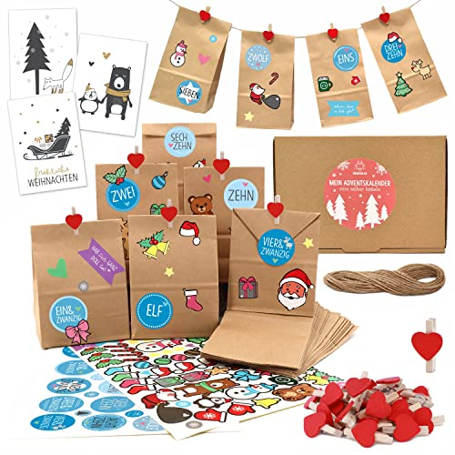 OWLBOOK® Adventskalender zum Befüllen | Adventskalender 2025 Tüten | Weihnachtskalender zum befüllen | 24 Papiertüten mit Aufkleber + Schnur + Klammern | Geschenktüten zu Weihnachten