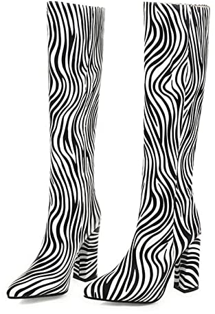 Stivali da Donna Modello Zebra con Suola Spessa e Tacco Alto Stivali al Ginocchio alla Moda retrò a Punta a Manica Lunga Stivali da Cavalleria,Zebra Print,39 EU
