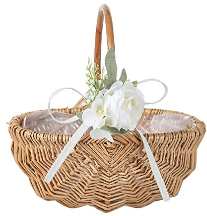 JYCRA Panier de rangement en osier tressé avec roses artificielles pour mariage, décoration d'intérieur, blanc
