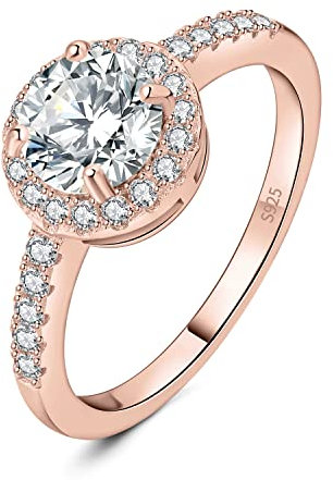 JewelryPalace Klassisch Rundschliff 1ct Zirkonia Halo Promise Ring Damen, Schmuck Set, Verlobungsring Damenring Silber 925 mit Stein für Frauen, Simulierte Diamant Jubiläum Eheringe Rosegold 51
