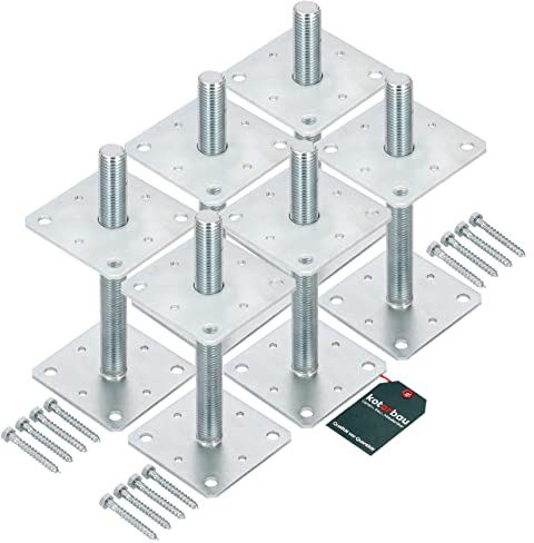 KOTARBAU® 6er Set Pfostenträger 110 mm x 110 mm x 250 mm Gewinde M24 mm Verzinkt Stützenfuß Höhenverstellbar Bodenfuß Betonfuß Zum Aufschrauben Regulierbar