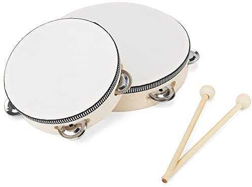 MANCHAP 2 Pack Holz Tamburin 6 Zoll, 8 Zoll, Handheld, 2 Größen Tamburin Holz Handtrommel mit Jingle Bells, Percussion Musikinstrument für Rhythmuslernen, Performance