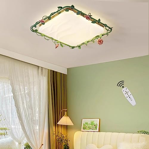 LED Deckenleuchte Quadratisch Holz Metall Deckenlampe Dimmbar mit Fernbedienung, Modern Wohnzimmerlampe mit Blume Dekorative für Schlafzimmer Kinderzimmer Küche Esszimmer,Grün,63cm 48w