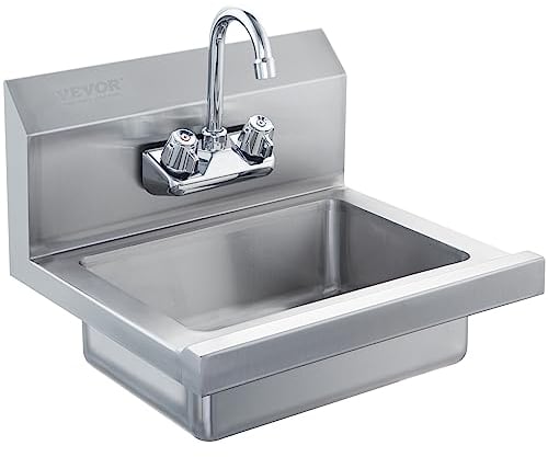 VEVOR Commercial Hand Sink with Faucet, Stainless Steel Sink for Washing, Small Washing Sinks, Wall Mount Hand Basin, Utility for Restaurant, Kitchen, Bar, Garage and Home, 17 x 15 inch