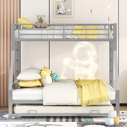 Dolamaní Hochbett für Kinder, Ausziehbares DREI-Etagenbett, 90 (140) x 200 cm Metallbettgestell, DREI-Etagenbett 3 in 1, Doppelseitig mit Leiter, für Jungen und Mädchen Geeignet (Silber)