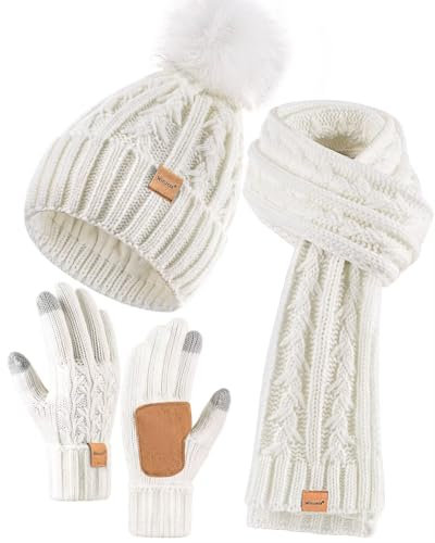 Damen-Winter-Set mit Mütze, langem Schal und Handschuhen, Fleece-gefütterte Wintermütze mit Bommel, langer Strickschal, Touchscreen-Handschuhe für kaltes Wetter, Weiss/opulenter Garten, Einheitsgröße