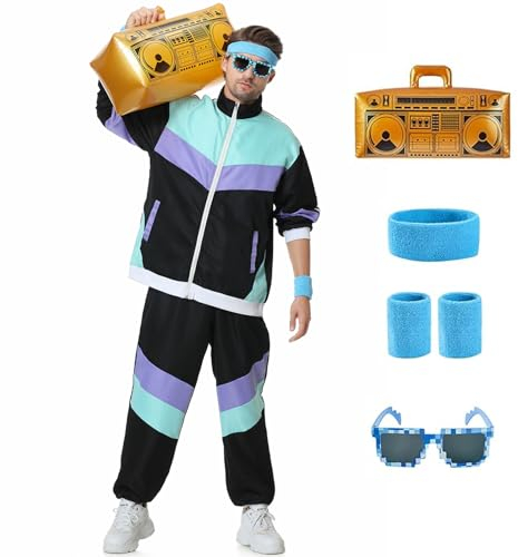 Pomzio 80 Jahre Outfit Herren 90er Trainingsanzug Kostüm 80er Jahre Sport Outfit Herren Fasching Jogginganzug Retro Anzug Herren 80er Newkids Kostüm Karneval Party Kostüme Männer