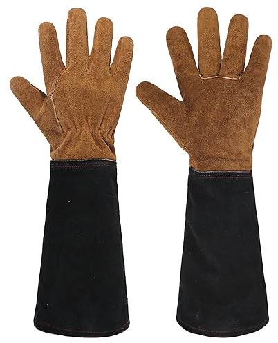 HANDLANDY Ladies Leather Gardening Gloves, Thorn Proof Long Gauntlet Garden Gloves, Elbow Length Rose Pruning Gloves Black & Brown Medium