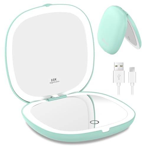 WOBSION LED Taschenspiegel mit 1X/10×Vergrößerung und Beleuchtung,USB Wiederaufladbarer Tragbarer Kleiner Reisespiegel mit Licht,750mAh Dimmbarer Doppelseitiger Handspiegel für Makeup,Grün