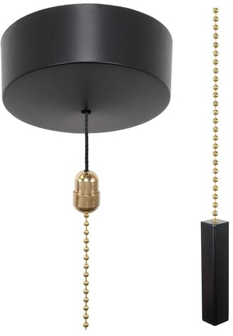 ElekTek Premium Matt Black Bathroom Light Pull Cord Switch Kit - Black Square Bar Brass Chain