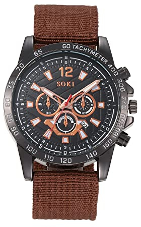 Silverora Militärische Armbanduhr für Herren, analog, Quarz, taktisch, leuchtend, Fliegeruhr, Arbeitsuhr für Herren – Armband aus Nylon, braun, a51354