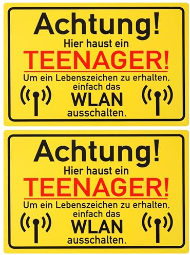 Schild mit Achtung! Hier haust ein TEENAGER!, 2 Stück, 1 mm PVC, 30 x 20 cm, Scherzartikel für Jugendliche, Spaßschild mit WLAN ausschalten, lustiges Hinweisschild für Pubertät, witziger Spaßartikel