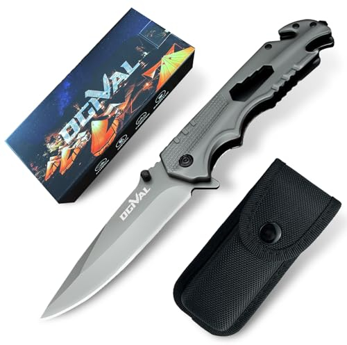 Ogival Taschenmesser(Einhandmesser), Multitool-Klappmesser mit Nylonscheide und Taschenclip, Flaschenöffner, Glasbrecher, Sicherheitsgurtschneider und Schraubenschlüssel, grau