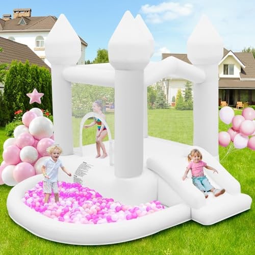 White Bouncy Castle with Slide Ball Pit and Trampoline Inflatable Bounce House with Air Blower for Kids Toddler Indoor Outdoor Garden Park Backyard Party Wedding Birthday Gifts