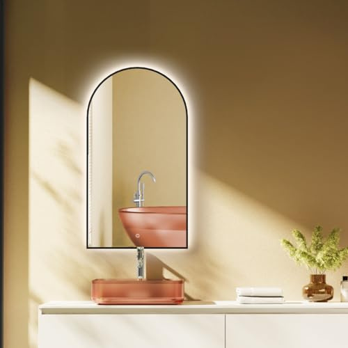 HOKO LED Bogenspiegel 50x90 cm / 90x50 cm Chicago mit Schwarzer Metallrahmen, HOCH+QUER Montage. Arch Bad Lichtspiegel+Touch Schalter+Licht Wechsel 2700-6500K, Warmweiß-Kaltweiß-Neutral