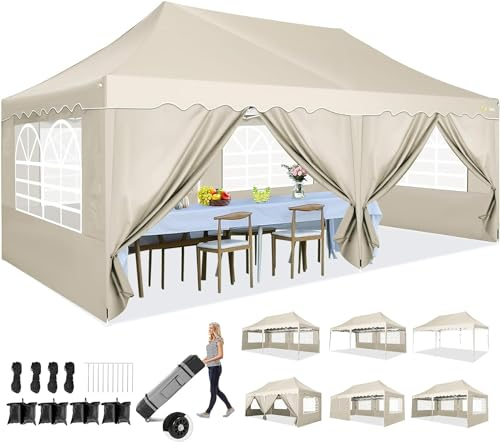 HOTEEL Faltpavillon 3x6 Pavillon Wasserdicht Stabil Partyzelt Faltbar, Faltzelt Mit 6 Seitenwänden & Rolltasche & 4 Sandsäcken, Einfacher Aufbau für Hochzeiten, Gewerbe, Partys, UV50+ Schutz, Khaki