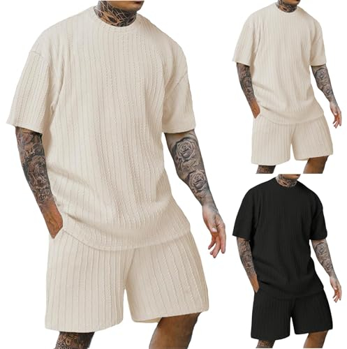 Jogginganzug Herren Set Mode Anzug Sommer Outfits Herren Traningsanzuganzug Freizeit Sportanzug Strand Outfit Sommer Outfit Herren Leinenanzug Freizeitanzug Sommer Sport Kleidung Männer（Beige，M）