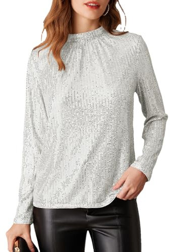 GRACE KARIN Damen Pailletten Bluse Glitzer Langarmshirts Stehkragen Party Festliche Oberteil Silber L CL2815A24-03